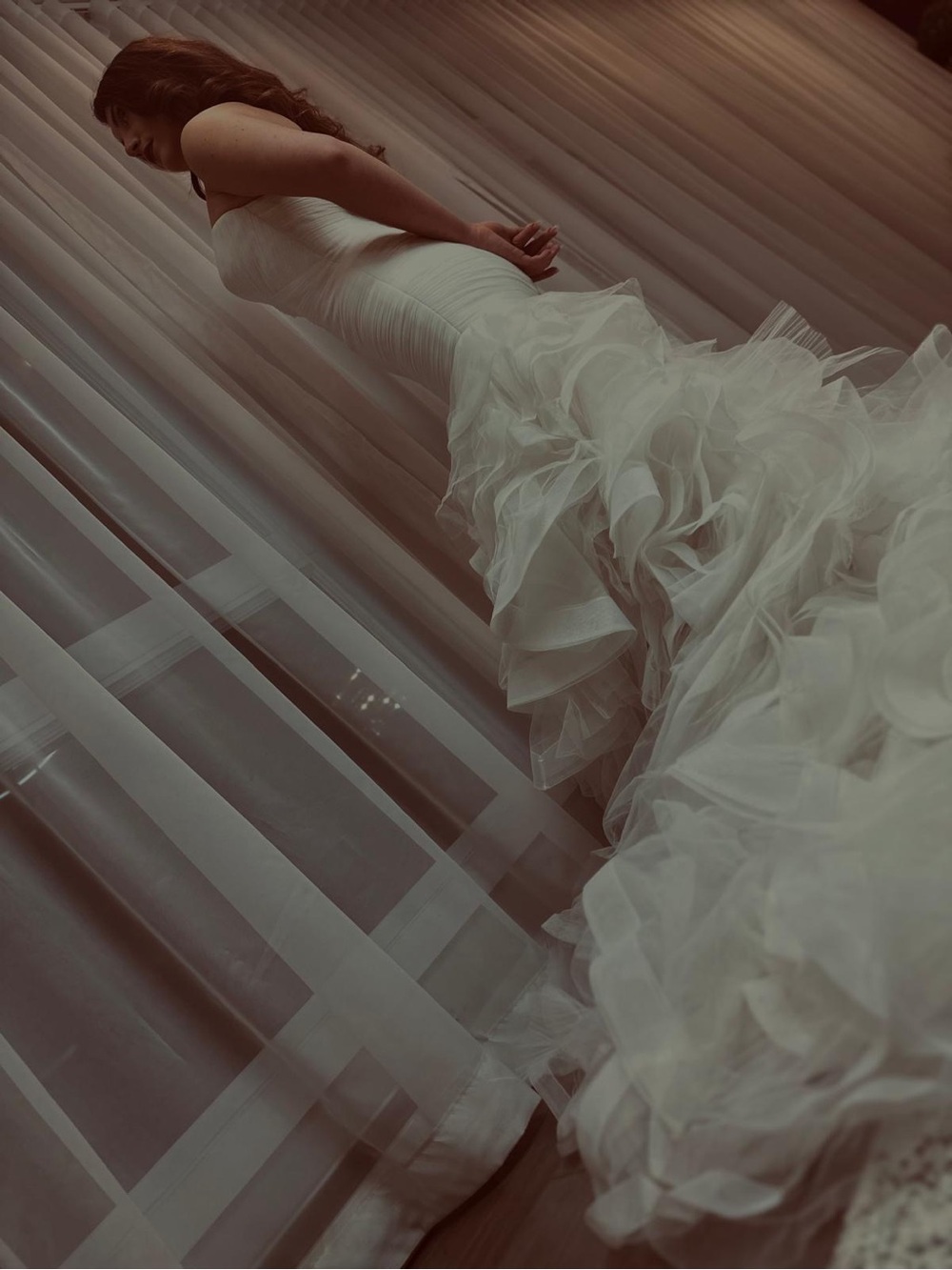 Strapless White Mermaid Wedding Dress with Ruffled Train